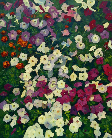 Painting titled "Petunias" by Tankshi, Original Artwork, Oil