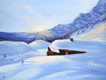 Painting titled "Winters happy day" by Tanja Frost, Original Artwork, Oil Mounted on Wood Stretcher frame
