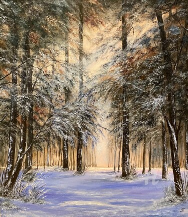 Painting titled "Snowly day in the f…" by Tanja Frost, Original Artwork, Oil Mounted on Wood Stretcher frame