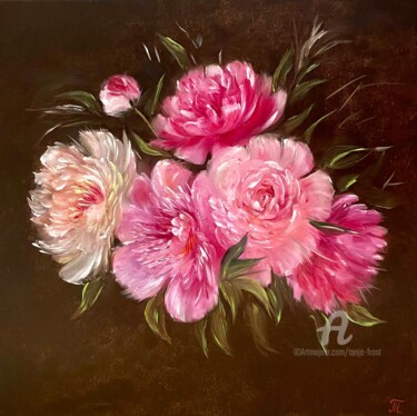 Painting titled "Beautiful Peonies -…" by Tanja Frost, Original Artwork, Oil Mounted on Wood Stretcher frame