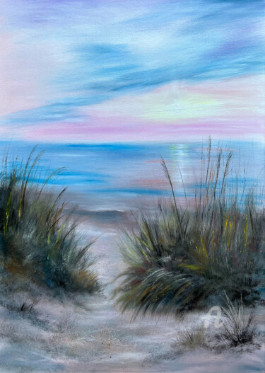 Painting titled "Deserted beach - or…" by Tanja Frost, Original Artwork, Oil Mounted on Wood Stretcher frame