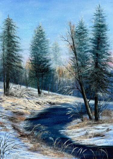 Painting titled "Winter forest river…" by Tanja Frost, Original Artwork, Oil Mounted on Wood Stretcher frame