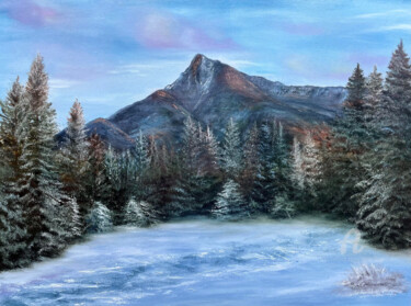 Painting titled "Snowy mountain - or…" by Tanja Frost, Original Artwork, Oil Mounted on Wood Stretcher frame