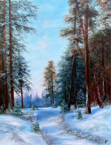 Painting titled "Winters Forest way" by Tanja Frost, Original Artwork, Oil Mounted on Wood Stretcher frame