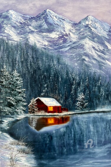 Painting titled "House near Lake - m…" by Tanja Frost, Original Artwork, Oil Mounted on Wood Stretcher frame