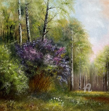 Schilderij getiteld "Lilac scent" door Tanja Frost, Origineel Kunstwerk, Olie Gemonteerd op Frame voor houten brancard