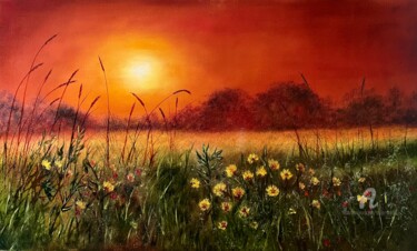 Painting titled "Silence - orange su…" by Tanja Frost, Original Artwork, Oil Mounted on Wood Stretcher frame