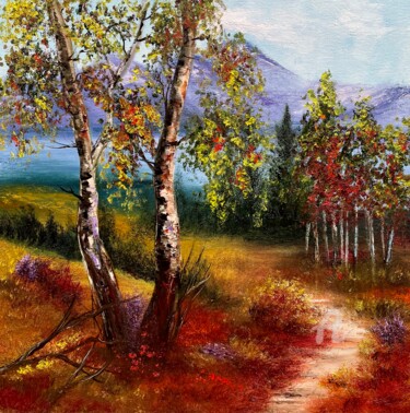 Schilderij getiteld "Autumn brich forest" door Tanja Frost, Origineel Kunstwerk, Olie Gemonteerd op Frame voor houten branca…