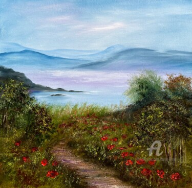 Painting titled "Summer landscape" by Tanja Frost, Original Artwork, Oil Mounted on Wood Stretcher frame