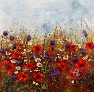 Painting titled "Red flowers forever" by Tanja Frost, Original Artwork, Oil Mounted on Wood Stretcher frame