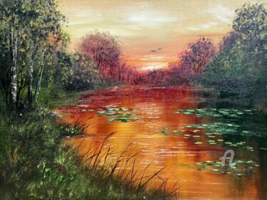 Painting titled "Orange evening" by Tanja Frost, Original Artwork, Oil Mounted on Wood Stretcher frame