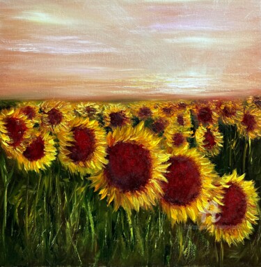 Painting titled "Sunflower sunset" by Tanja Frost, Original Artwork, Oil Mounted on Wood Stretcher frame