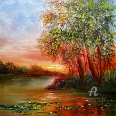 Painting titled "Red sunset by the l…" by Tanja Frost, Original Artwork, Oil Mounted on Wood Stretcher frame