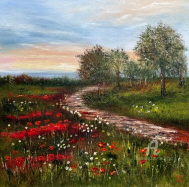 Painting titled "Summer field of pop…" by Tanja Frost, Original Artwork, Oil Mounted on Wood Stretcher frame
