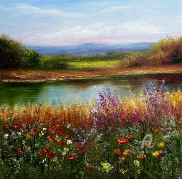 Картина под названием "Colorful lawn near…" - Tanja Frost, Подлинное произведение искусства, Масло Установлен на Деревянная…