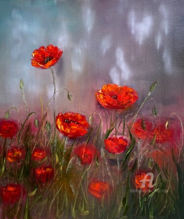 Painting titled "Fire poppies" by Tanja Frost, Original Artwork, Oil Mounted on Wood Stretcher frame