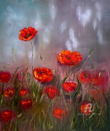 Pintura intitulada "Fire poppies" por Tanja Frost, Obras de arte originais, Óleo Montado em Armação em madeira