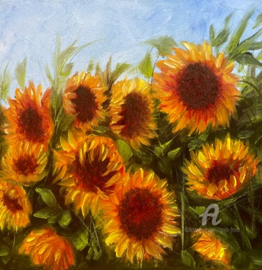 Painting titled "Floral gift - sunfl…" by Tanja Frost, Original Artwork, Oil Mounted on Wood Stretcher frame