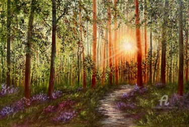 Painting titled "Sunny Forest" by Tanja Frost, Original Artwork, Oil Mounted on Wood Stretcher frame
