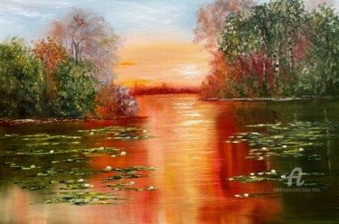Painting titled "Magic Sunset" by Tanja Frost, Original Artwork, Oil Mounted on Wood Stretcher frame