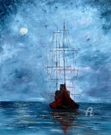 Painting titled "Harbor Serenity" by Tanja Frost, Original Artwork, Oil Mounted on Wood Stretcher frame