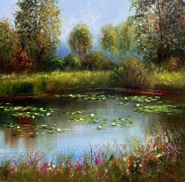 Painting titled "Magic pond" by Tanja Frost, Original Artwork, Oil Mounted on Wood Stretcher frame