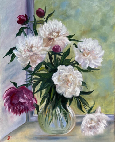 Painting titled "Peonies in the wind…" by Tanja Frost, Original Artwork, Oil Mounted on Wood Stretcher frame