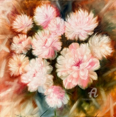 Painting titled "Celestial Peonies" by Tanja Frost, Original Artwork, Oil Mounted on Wood Stretcher frame