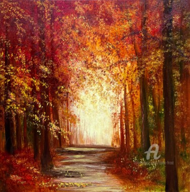 Painting titled "The Enigmatic Autum…" by Tanja Frost, Original Artwork, Oil Mounted on Wood Stretcher frame