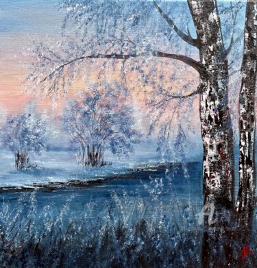 Painting titled "Birch by the Frozen…" by Tanja Frost, Original Artwork, Oil Mounted on Wood Stretcher frame