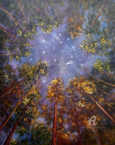 Painting titled "Celestial Nocturne" by Tanja Frost, Original Artwork, Oil Mounted on Wood Stretcher frame