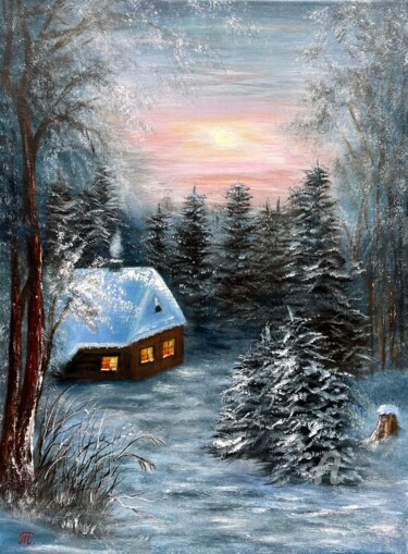 Painting titled "Winter Evening" by Tanja Frost, Original Artwork, Oil Mounted on Wood Stretcher frame