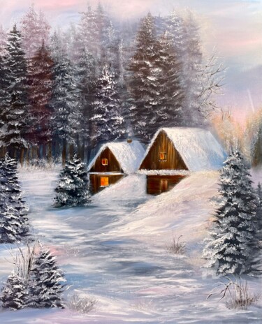 Painting titled "Winter Retreat" by Tanja Frost, Original Artwork, Oil Mounted on Wood Stretcher frame