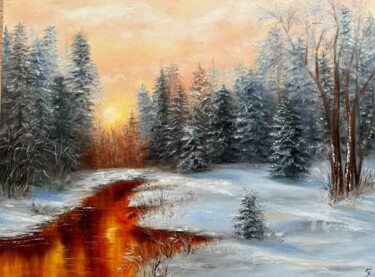 Painting titled "Sun's Reflection on…" by Tanja Frost, Original Artwork, Oil Mounted on Wood Stretcher frame