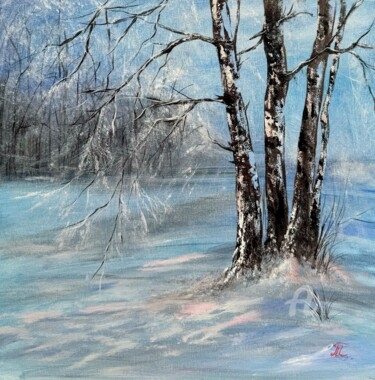 Painting titled "Birches in the Snow" by Tanja Frost, Original Artwork, Acrylic Mounted on Wood Stretcher frame