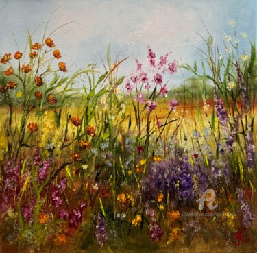Painting titled "A Meadow's Palette…" by Tanja Frost, Original Artwork, Oil Mounted on Wood Stretcher frame