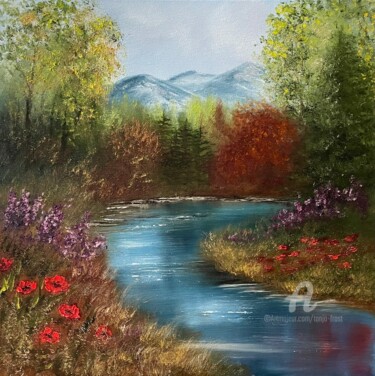 Painting titled "Colorful summer day" by Tanja Frost, Original Artwork, Oil Mounted on Wood Stretcher frame