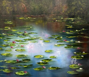 Painting titled "Oasis of Tranquility" by Tanja Frost, Original Artwork, Oil Mounted on Wood Stretcher frame