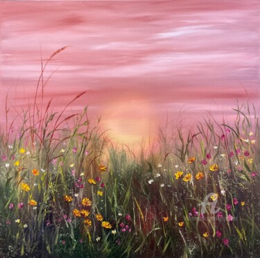 Painting titled "Sunset with the aro…" by Tanja Frost, Original Artwork, Oil Mounted on Wood Stretcher frame