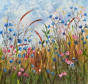 Painting titled "Sea of Blue Flowers" by Tanja Frost, Original Artwork, Oil Mounted on Wood Stretcher frame