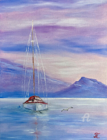 Painting titled "Sailboat and purple…" by Tanja Frost, Original Artwork, Oil