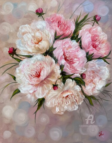 Painting titled "Tender Peonies" by Tanja Frost, Original Artwork, Oil