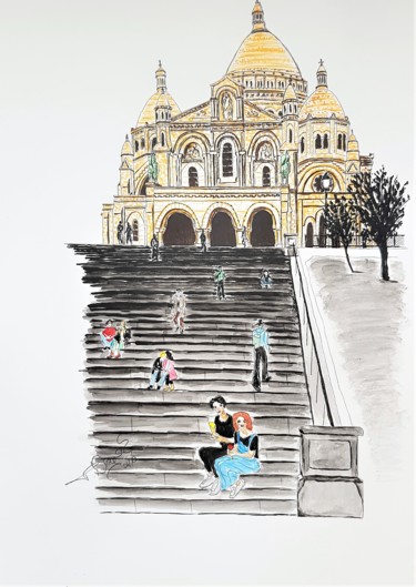 Drawing titled "glace à sacre coeur" by Tanja Niegsch, Original Artwork, Gouache