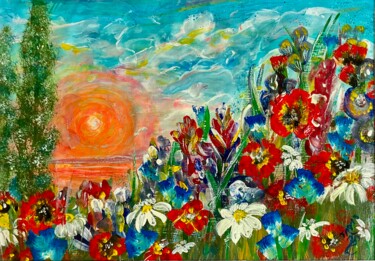 Картина под названием "Flowers 1" - Tanja Olsson, Подлинное произведение искусства, Акрил Установлен на Другая жесткая панель