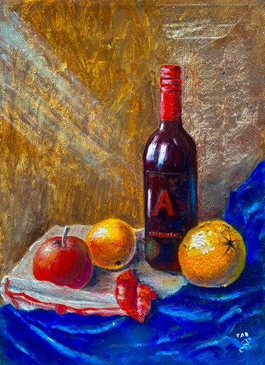 Painting titled "Still live with wine" by Tanja Olsson, Original Artwork, Oil