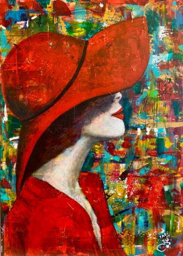 Schilderij getiteld "Lady in red hat 2" door Tanja Olsson, Origineel Kunstwerk, Acryl Gemonteerd op Frame voor houten branca…