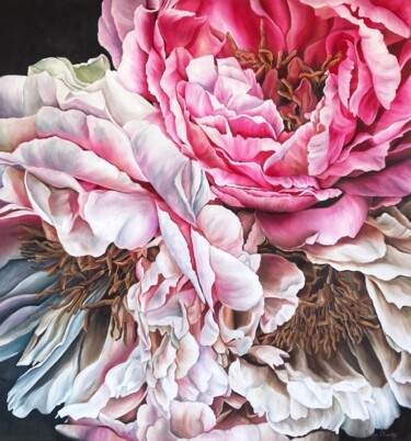 Malarstwo zatytułowany „PEONIES- pink and w…” autorstwa Tanya Churey, Oryginalna praca, Olej