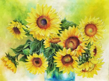Peinture intitulée "Solar sunflowers -…" par Tanya Churey, Œuvre d'art originale, Huile