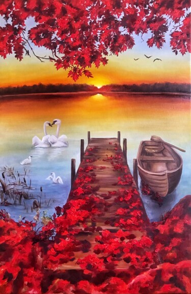 Life at the lake - oil painting, a family of white swans Painting titled "Life at the lake -…" by Tanya Churey, Original Art, Oil
