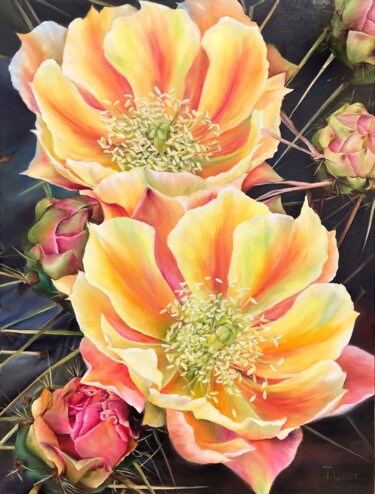 Schilderij getiteld "Yellow cactus flowe…" door Tanya Churey, Origineel Kunstwerk, Olie